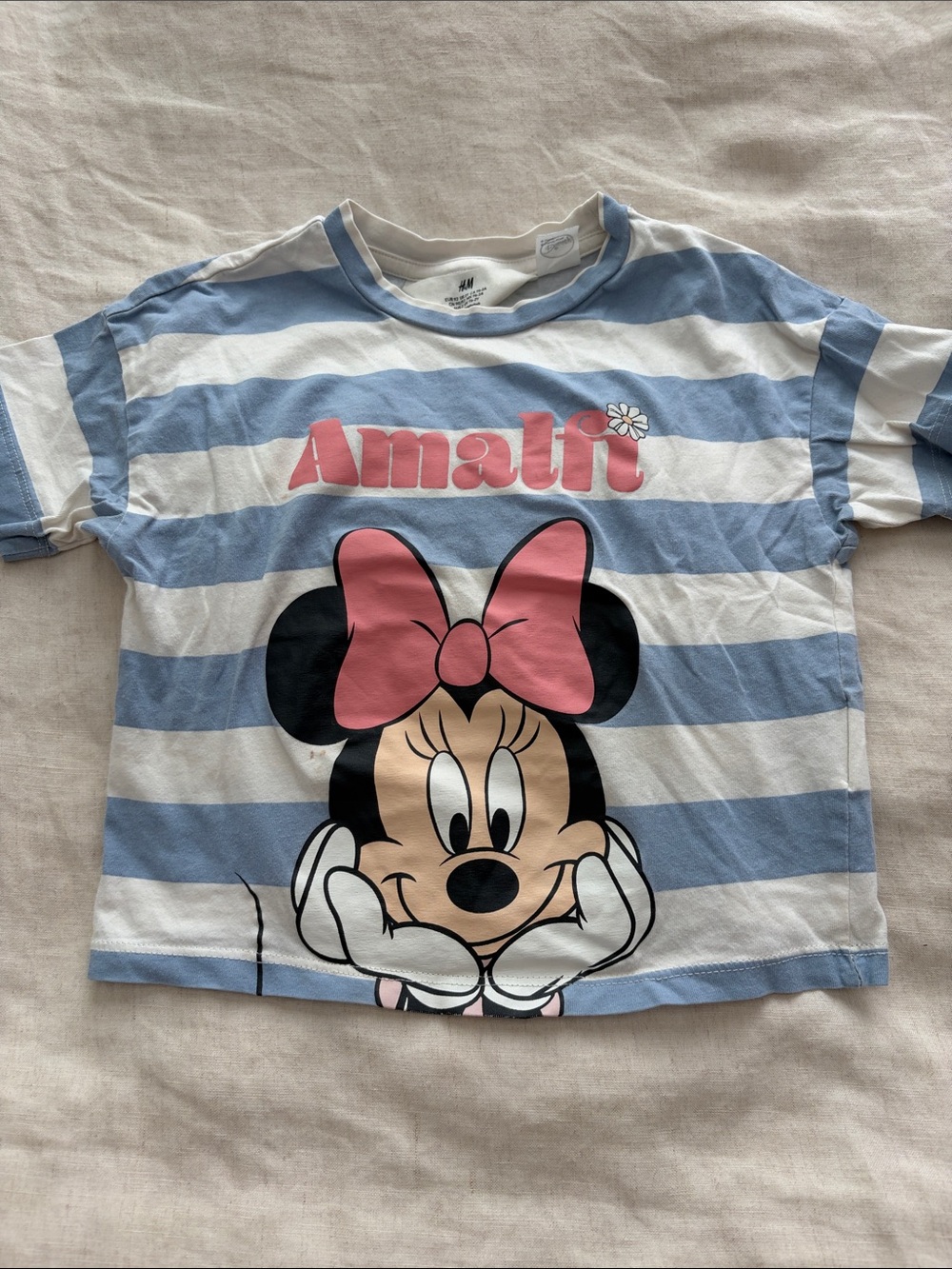 H&M Kids Blue & White Striped Minnie Graphic Tee with Pink Bow